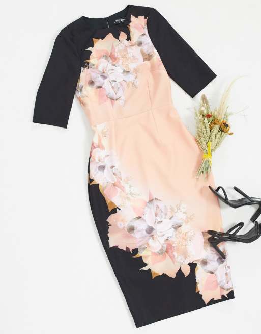 Little Mistress placement midi bodycon dress in peach and black floral |  ASOS