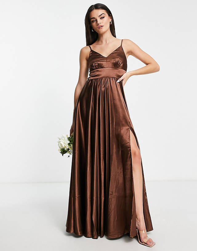 Little Mistress - pleated maxi dress in chocolate