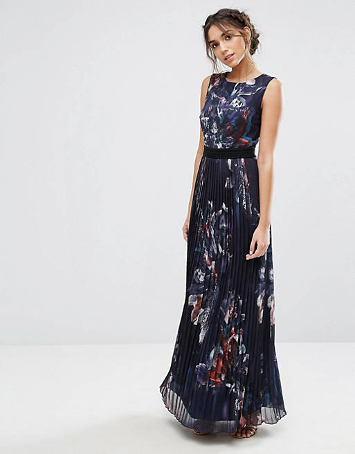 Little Mistress Pleated Maxi Dress in Navy Floral