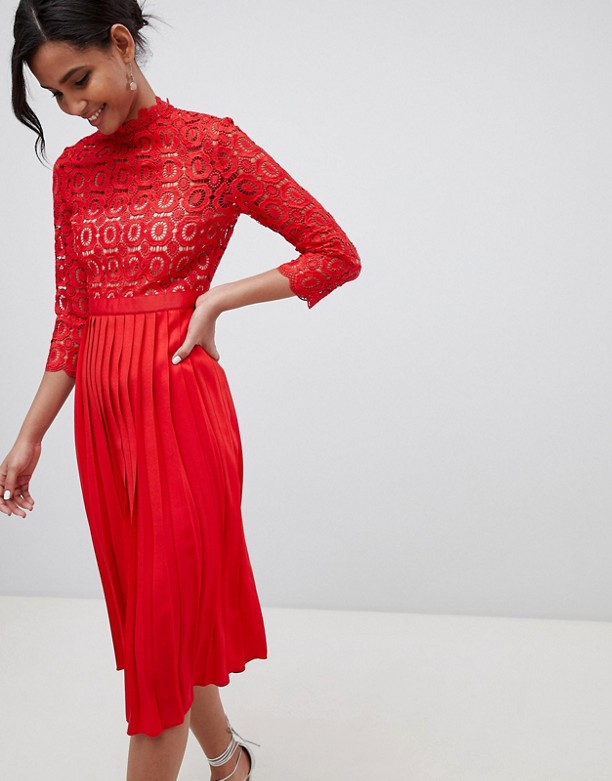  Dostawca Little Mistress – Plisowana sukienka midi z rękawem 3/4 i koronkową gÓrą TOMATO RED