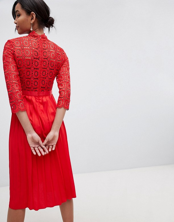  Dostawca Little Mistress – Plisowana sukienka midi z rękawem 3/4 i koronkową gÓrą TOMATO RED