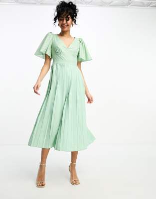 Little Mistress Plunge Flutter Sleeve Midi Dress In Sage Green