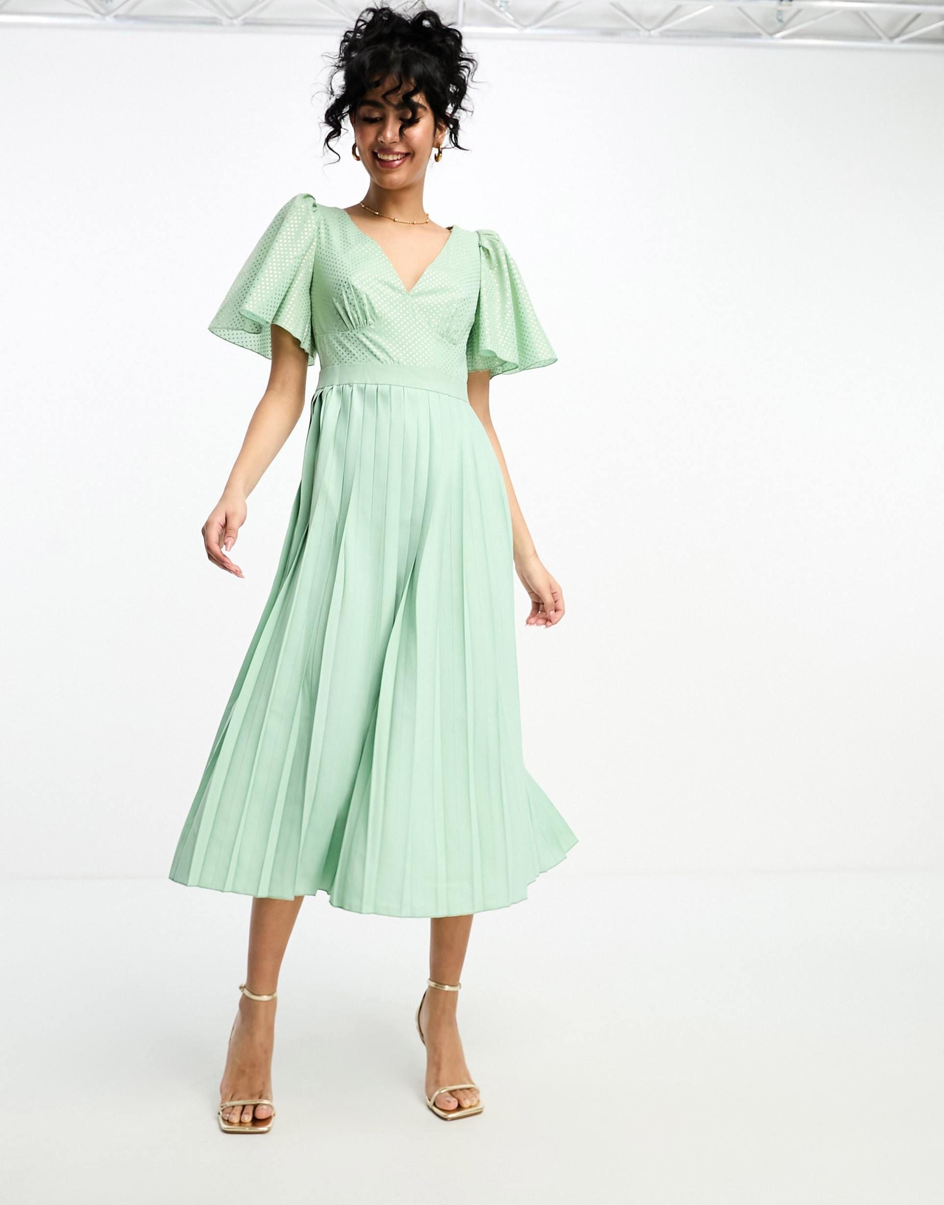 little mistress plunge flutter sleeve midi dress in sage green