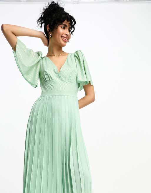 Little Mistress plunge flutter sleeve midi dress in sage green