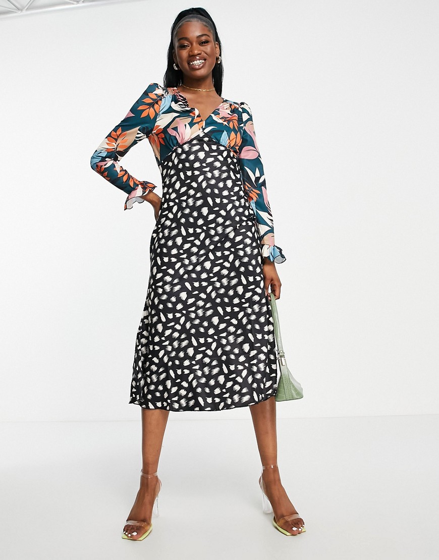 plunge front midi tea dress in patchwork floral and spot print-Multi