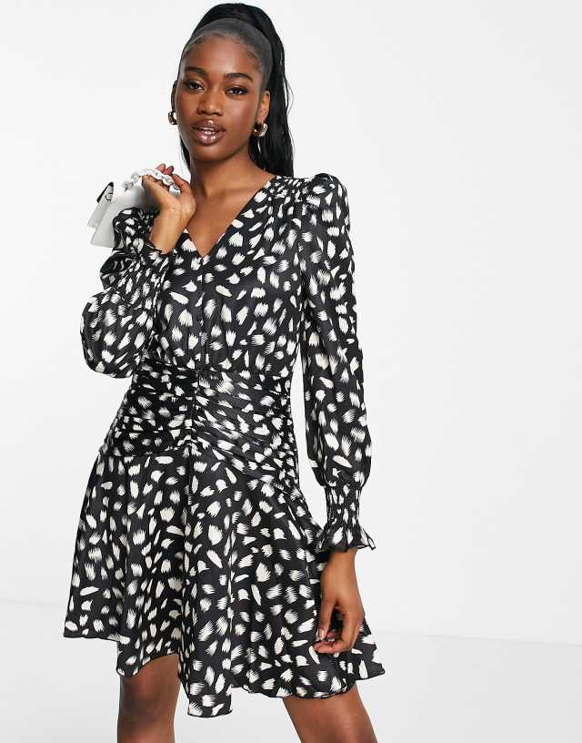 Little Mistress plunge front mini dress in smudge print