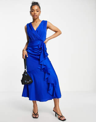 plunge front satin midi dress in royal blue