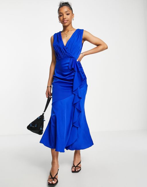 Little Mistress plunge front satin midi dress in royal blue ASOS