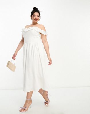Little Mistress Plus bardot midi dress with full skirt in white