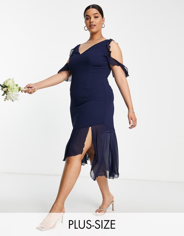 Little Mistress Plus Bridesmaid cold shoulder midi dress in navy