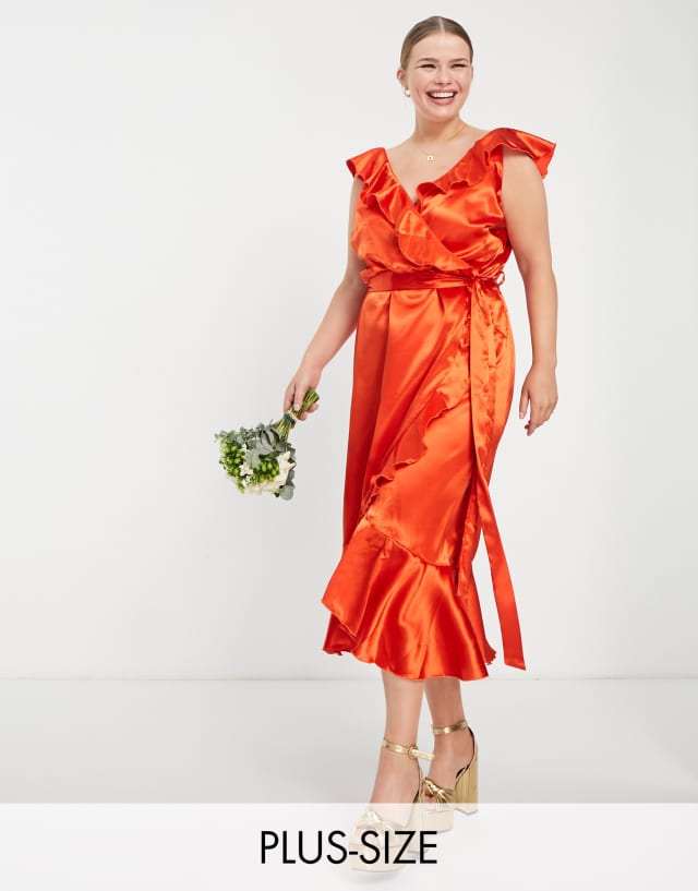 Little Mistress Plus Bridesmaid frill wrap dress in sunset orange