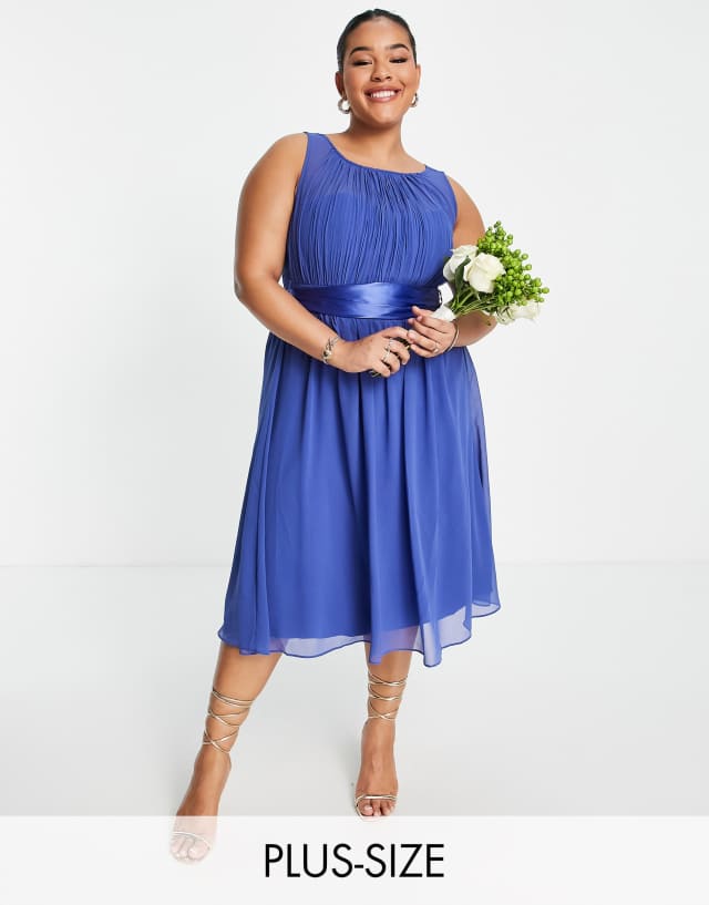 Little Mistress Plus Bridesmaid midi skater dress in blue