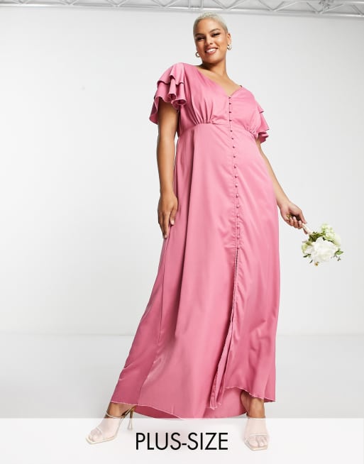 Little Mistress Plus Bridesmaid Satin Maxi Dress With Flutter Sleeves ...