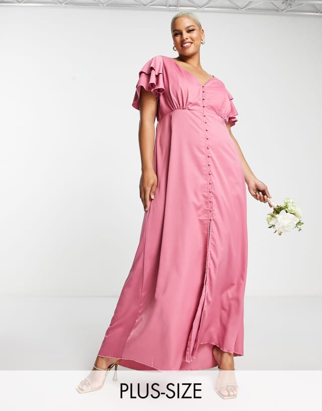 Little Mistress Plus Bridesmaid satin maxi dress with flutter sleeves in dark pink