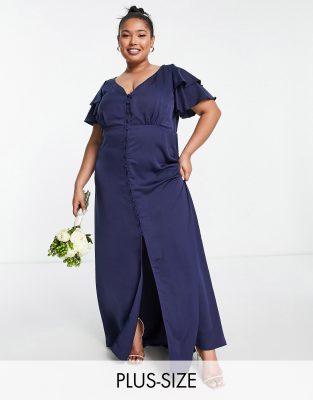 Little Mistress Plus Bridesmaid Satin Maxi Dress With Flutter Sleeves In Navy