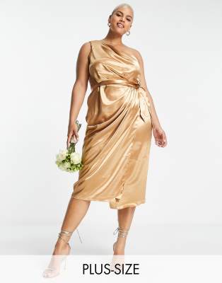 Little Mistress Plus Bridesmaid – Sukienka kopertowa na jedno ramię w złotym karmelowym kolorze