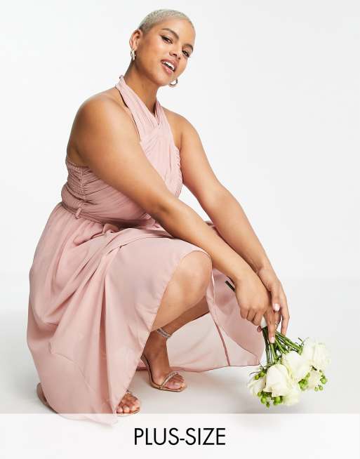 Little Mistress Plus Bridesmaid – Sukienka midi z dekoltem halter w kolorze zgaszonego różu