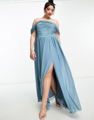 Little Mistress Plus Bridesmaids bardot gathered maxi dress in mesh in blue - ASOS Price Checker