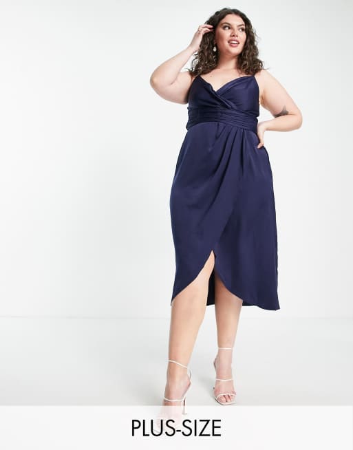 Little Mistress - Plus - Bruidsmeisjes - Satijnen jurk met overslag in marineblauw