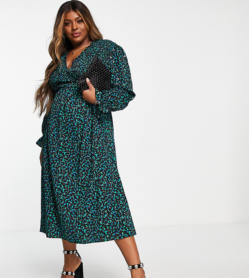 Little Mistress Plus by Vogue Williams ditsy print long sleeve dress in green-Black