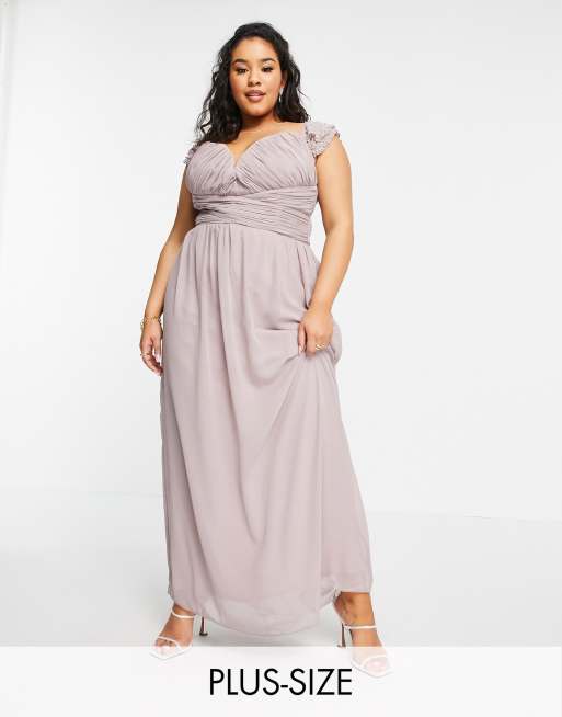 Little Mistress Plus embellished sleeve twist waist maxi dress in oyster gray |