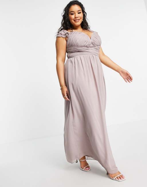 Little Mistress Plus embellished sleeve twist waist maxi dress in oyster gray |