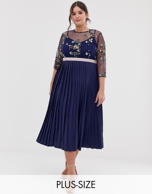 Little Mistress Plus embroidered top midi dress in navy