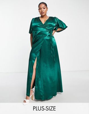 Little Mistress Plus flutter sleeve satin maxi dress in emerald green