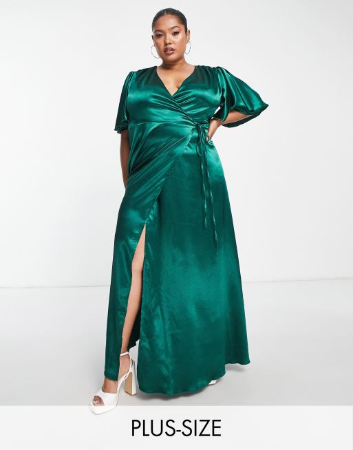 Little Mistress Plus flutter sleeve satin maxi dress in emerald green ...