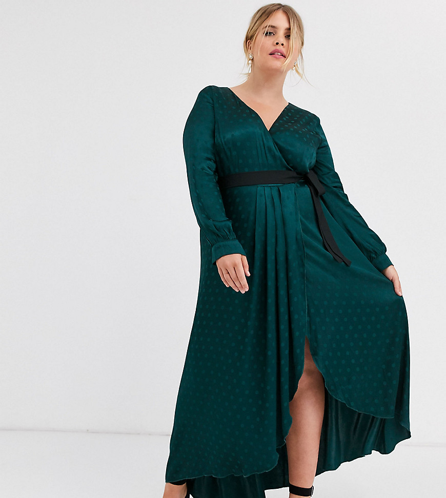 Little Mistress – Plus – Grøn slå-om-kjole i satin med kontrastbånd ved taljen