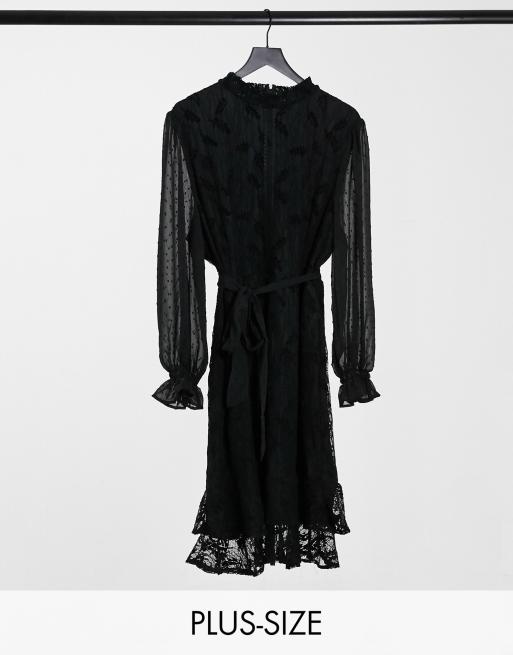 Mistress Plus long sleeve lace mini dress with tie belt in black | ASOS