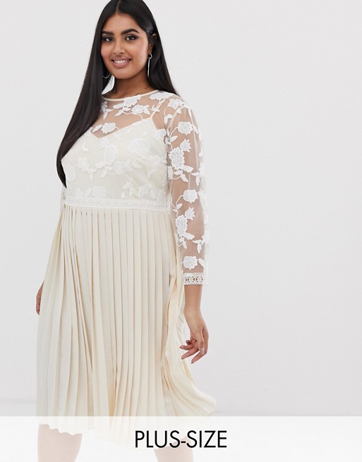 Little Mistress Plus lace embroidered top midi dress in cream