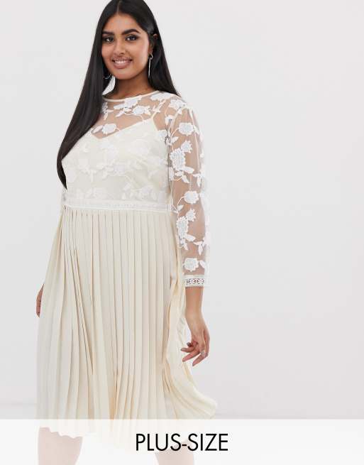 Little Mistress Plus Lace Embroidered Top Midi Dress In Cream Asos