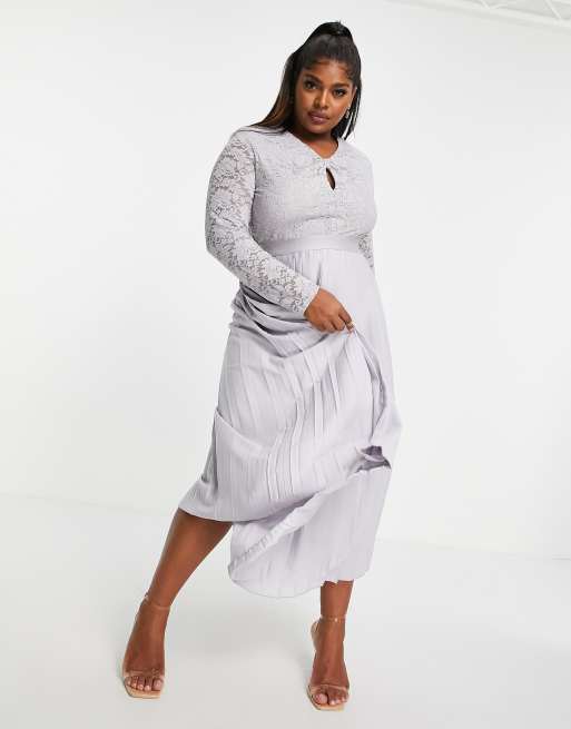 Little Mistress Plus lace top twist detail pleated skater midi dress in  dove grey | ASOS