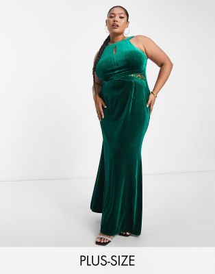 Little Mistress Plus Maxi Dress With Keyhole Detail In Emerald Green Velvet