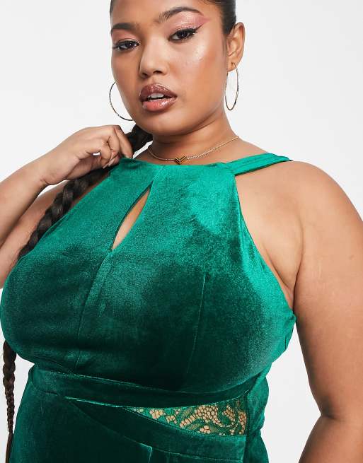 Little Mistress Plus maxi dress with keyhole detail in emerald green velvet