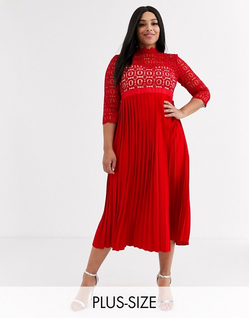 Little Mistress Plus midi length 3/4 sleeve lace dress in pillar box red