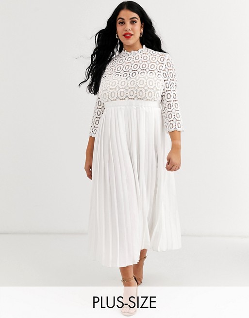 Little Mistress Plus midi length 3/4 sleeve lace dress in white
