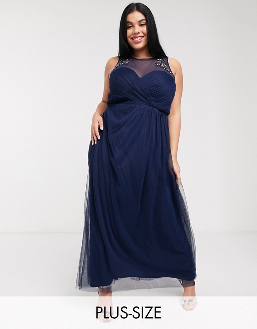 Little Mistress Plus pleat maxi dress with lace and embellishment detail in navy