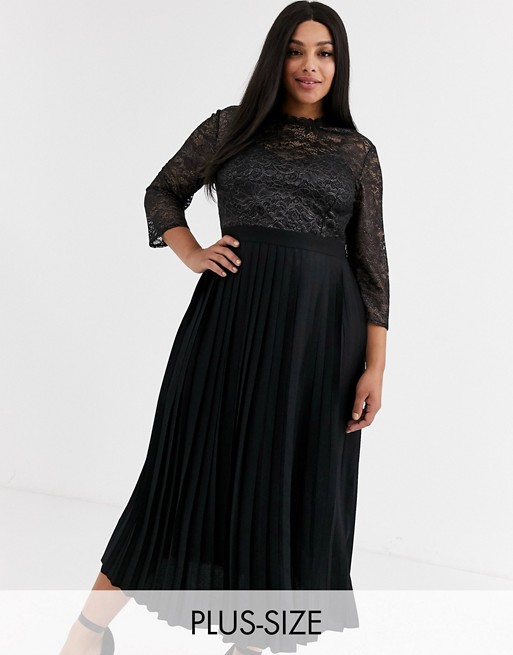 Little Mistress Plus pleated midaxi dress with metallic lace in black