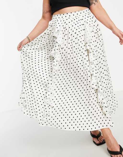 Little Mistress Plus pleated midi skirt with ruffle details in cream polka  dot