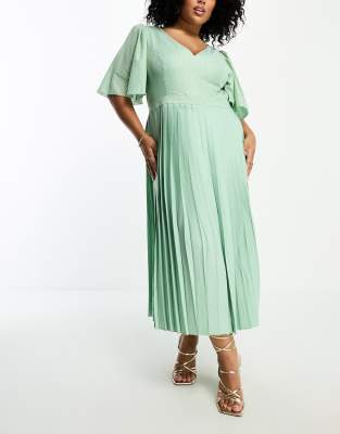 Little Mistress Plus plunge flutter sleeve midi dress in sage green