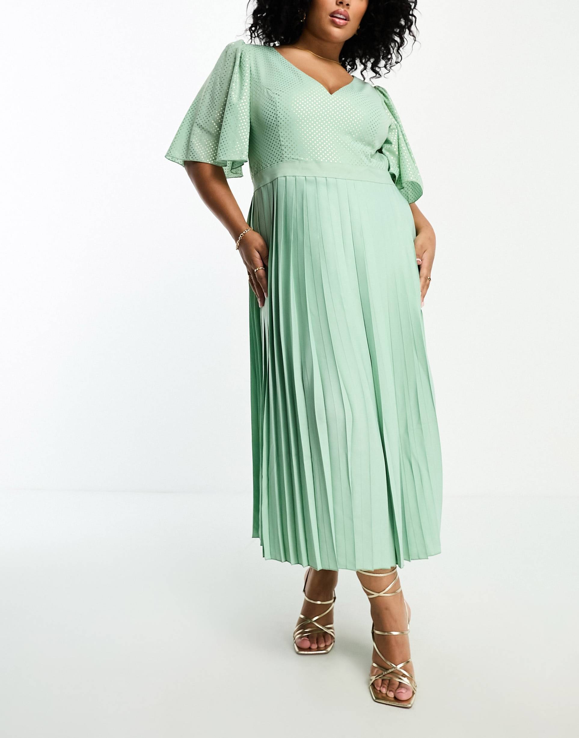 little mistress plus plunge flutter sleeve midi dress in sage green