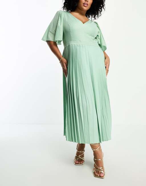 Little Mistress Plus plunge flutter sleeve midi dress in sage green | ASOS