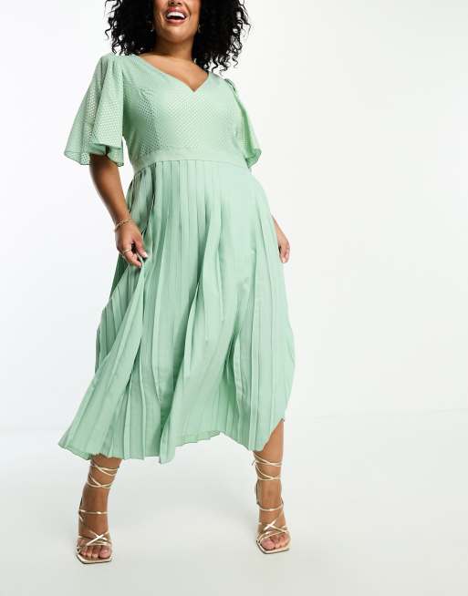 Little Mistress Plus plunge flutter sleeve midi dress in sage green