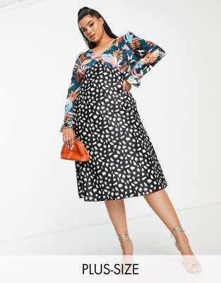 Little Mistress Plus Little Mistress Plus plunge front midi tea dress in patchwork floral and spot print-Multi