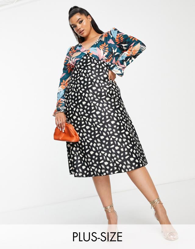 Little Mistress Plus plunge front midi tea dress in patchwork floral and spot print