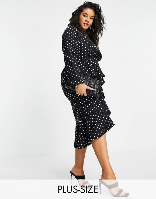 Little Mistress Plus wrap polka midi dress in black | ASOS