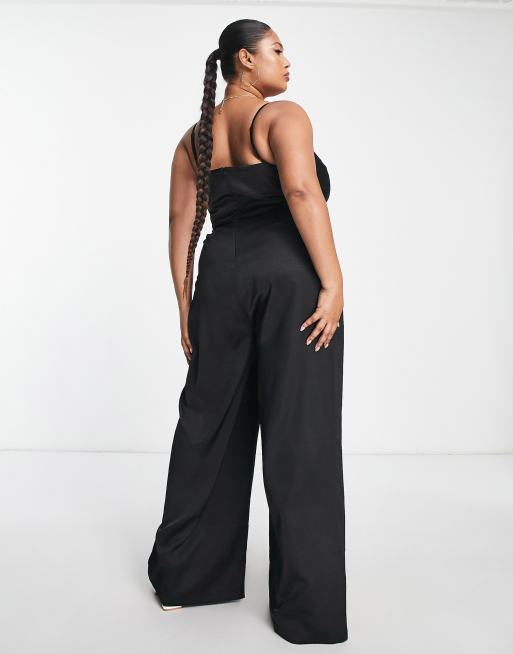 Little Mistress Plus – Satin-Jumpsuit in Schwarz mit weitem Bein und Riemchen, 2 von 4