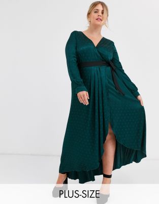 green satin long sleeve wrap dress